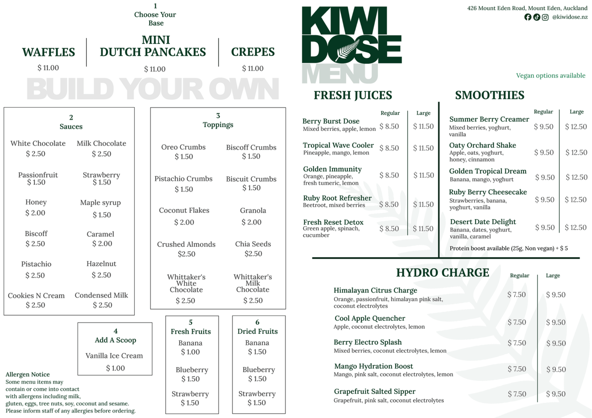 Kiwi Dose menu page 1